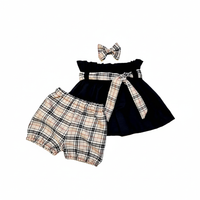Girl's Black High Waisted Skirt Beige Tartan Sash Belt with Bloomer and Bow 3 Piece Set image 4