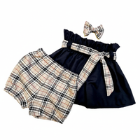 Girl's Black High Waisted Skirt Beige Tartan Sash Belt with Bloomer and Bow 3 Piece Set image 2
