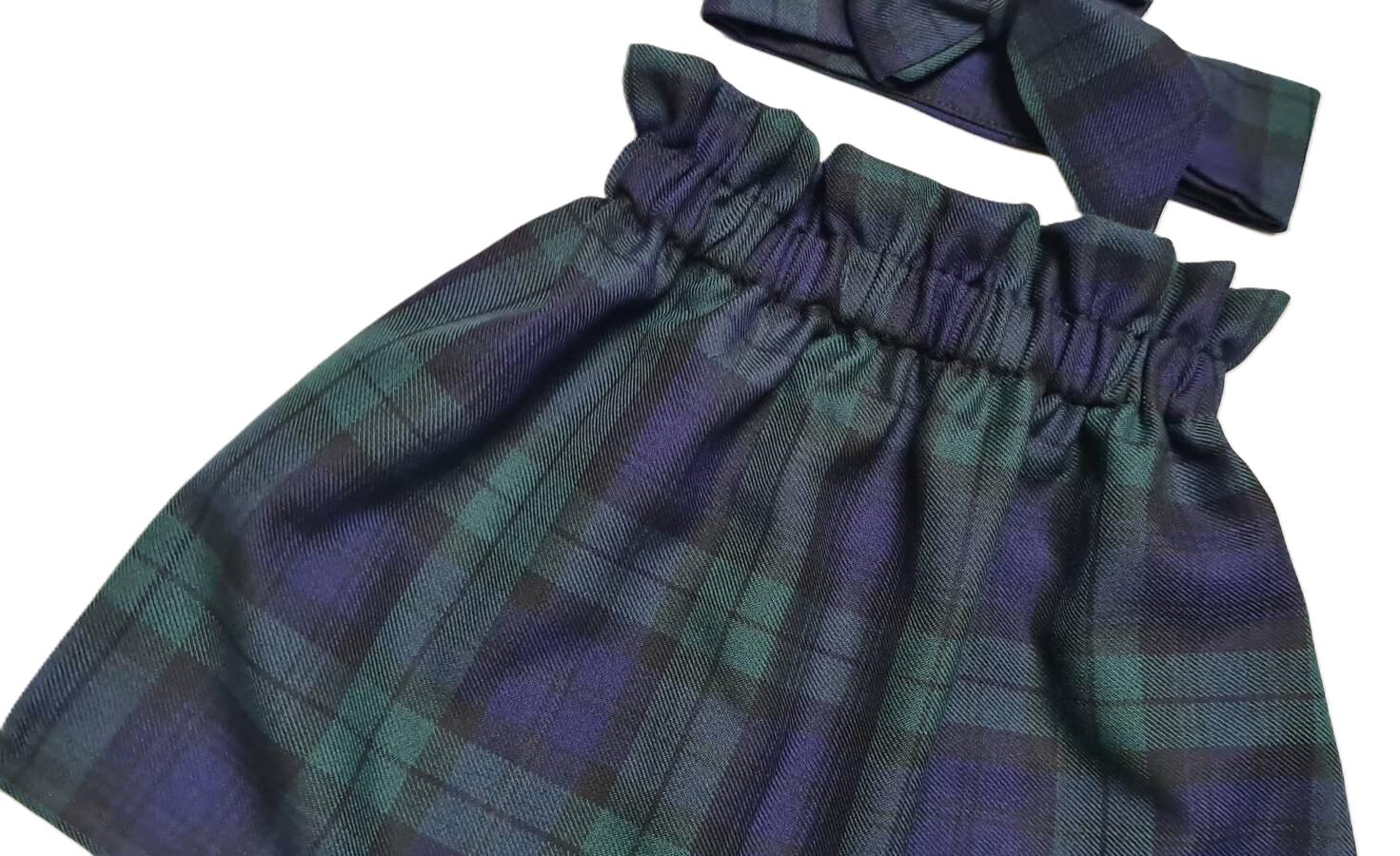 Black Watch Tartan Print High Waist Skirt and Headwrap
