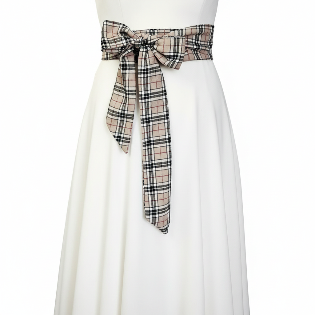 Beige tartan sash on woman with white background