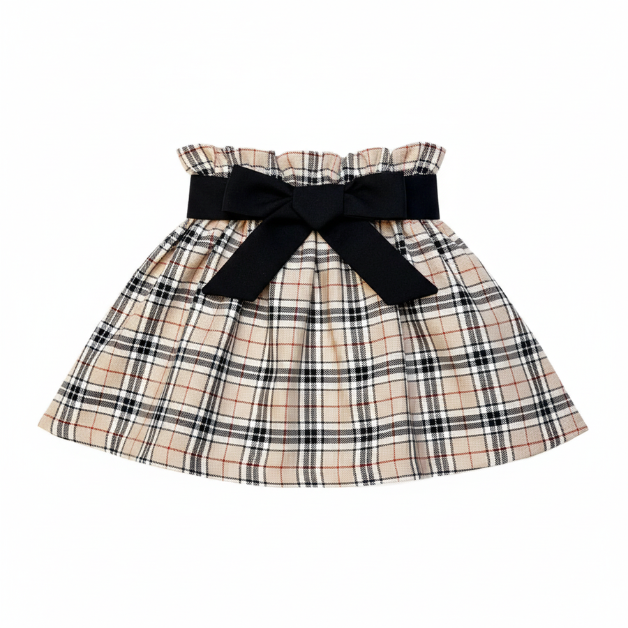 Girl's Beige Tartan High Waisted Skirt With Black Sash Belt