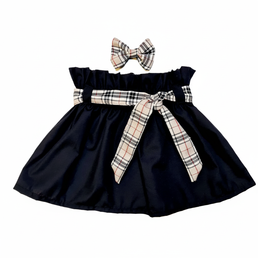 Black High Waisted Skirt Beige Tartan Sash Belt And Bow Baby Set