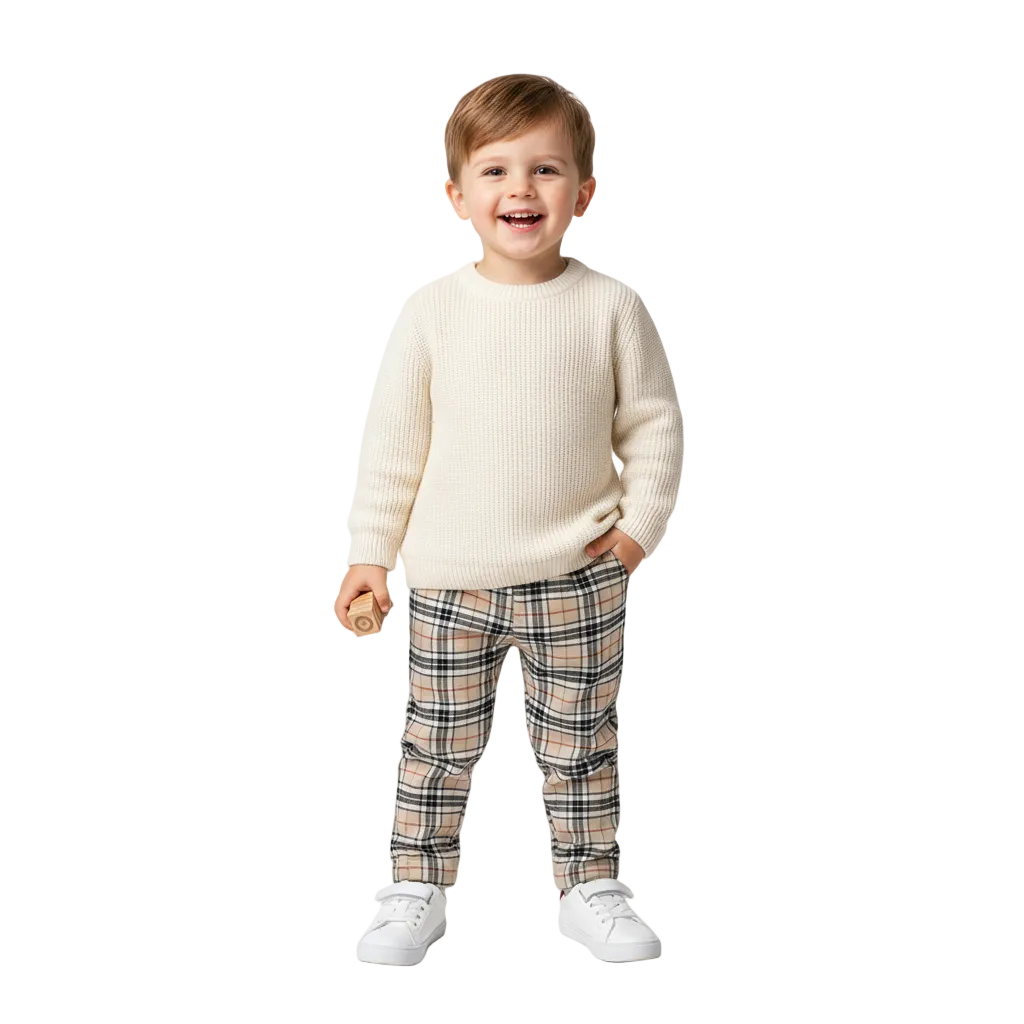 Boy in beige tartan trousers - white background