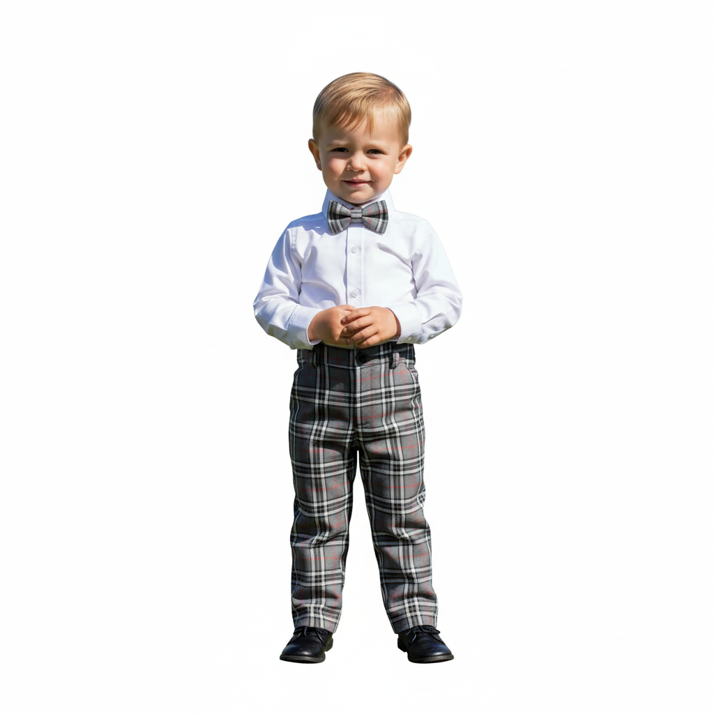 Boy in grey tartan trousers - white background