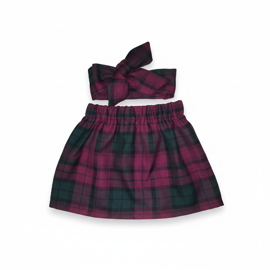 Deep  Burgundy / Wine Red & Black Tartan Print Baby Skirt & Headwrap Set