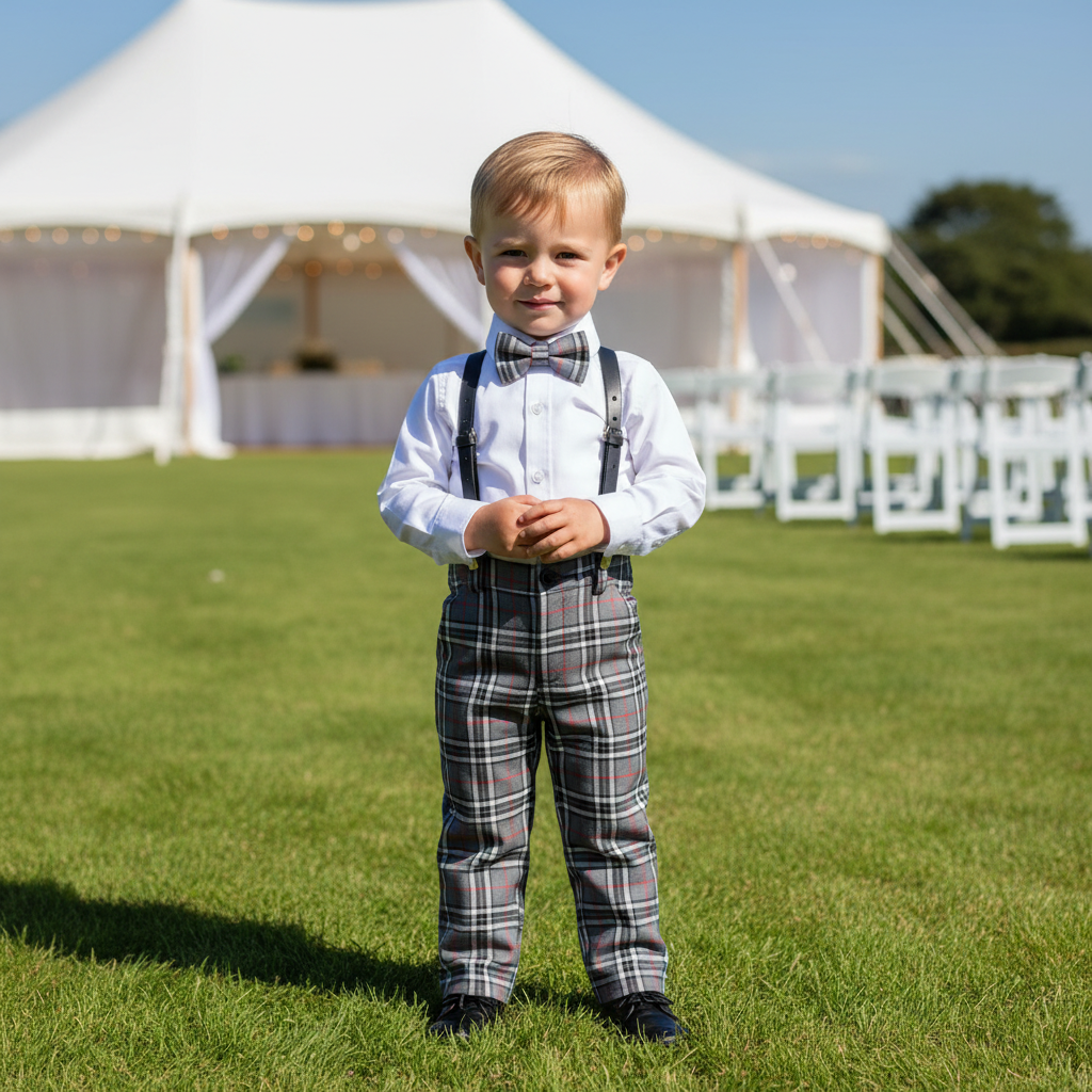Child in grey tartan at outdoor wedding