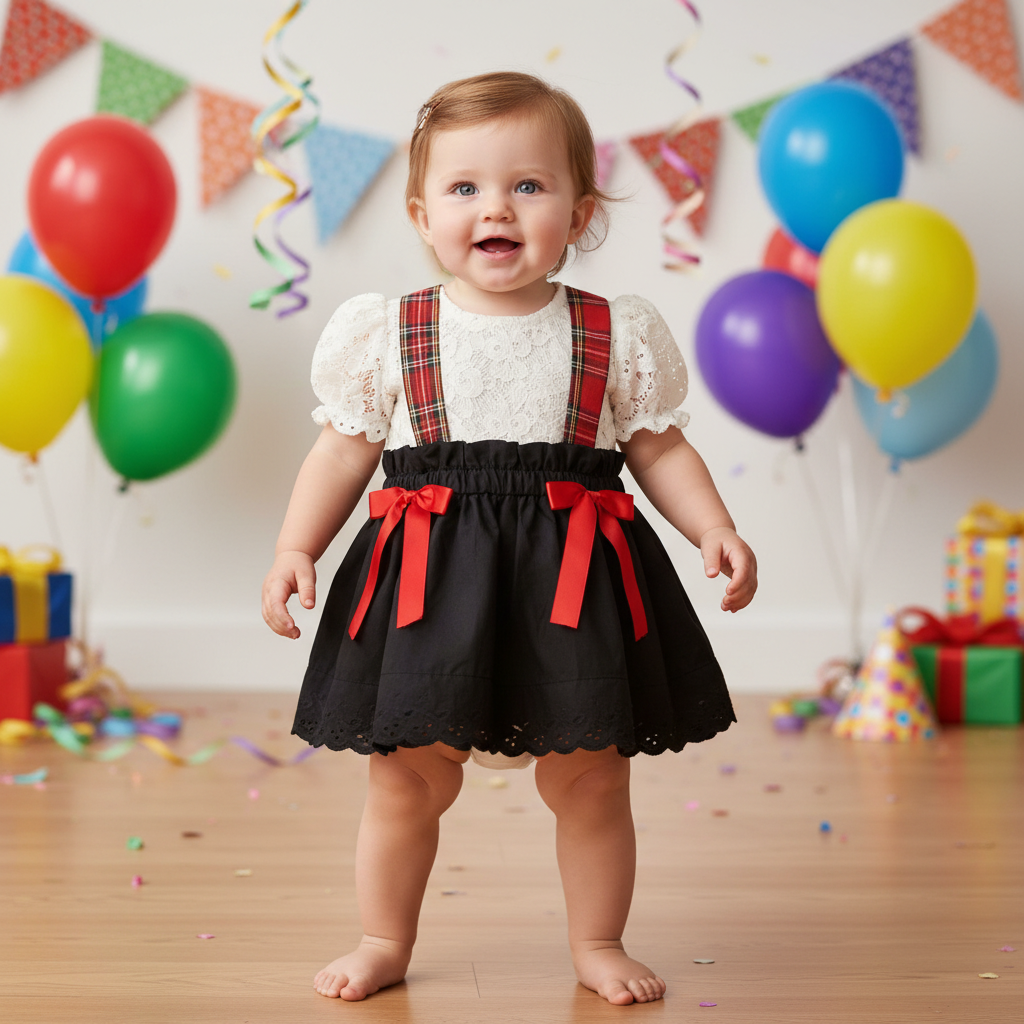 Child in short sleeve lacey top with tartan pinafore at party
