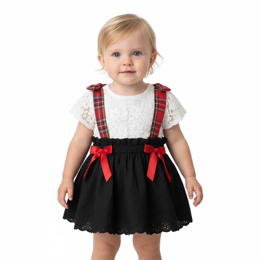 Child in short sleeve lacey top with tartan pinafore on white background