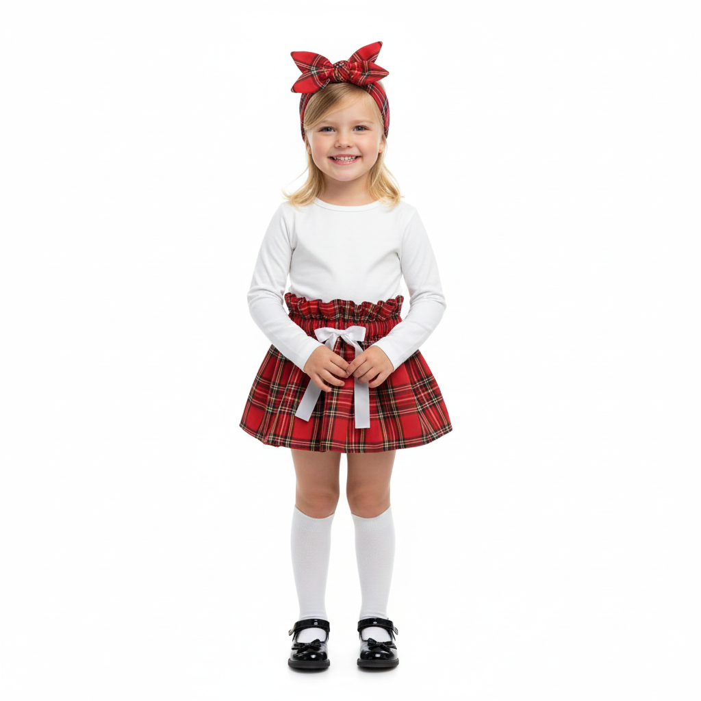 Different Girl in Red Tartan Set White Background