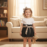 Girl's Black High Waisted Skirt Beige Tartan Sash Belt with Bloomer and Bow 3 Piece Set image 3