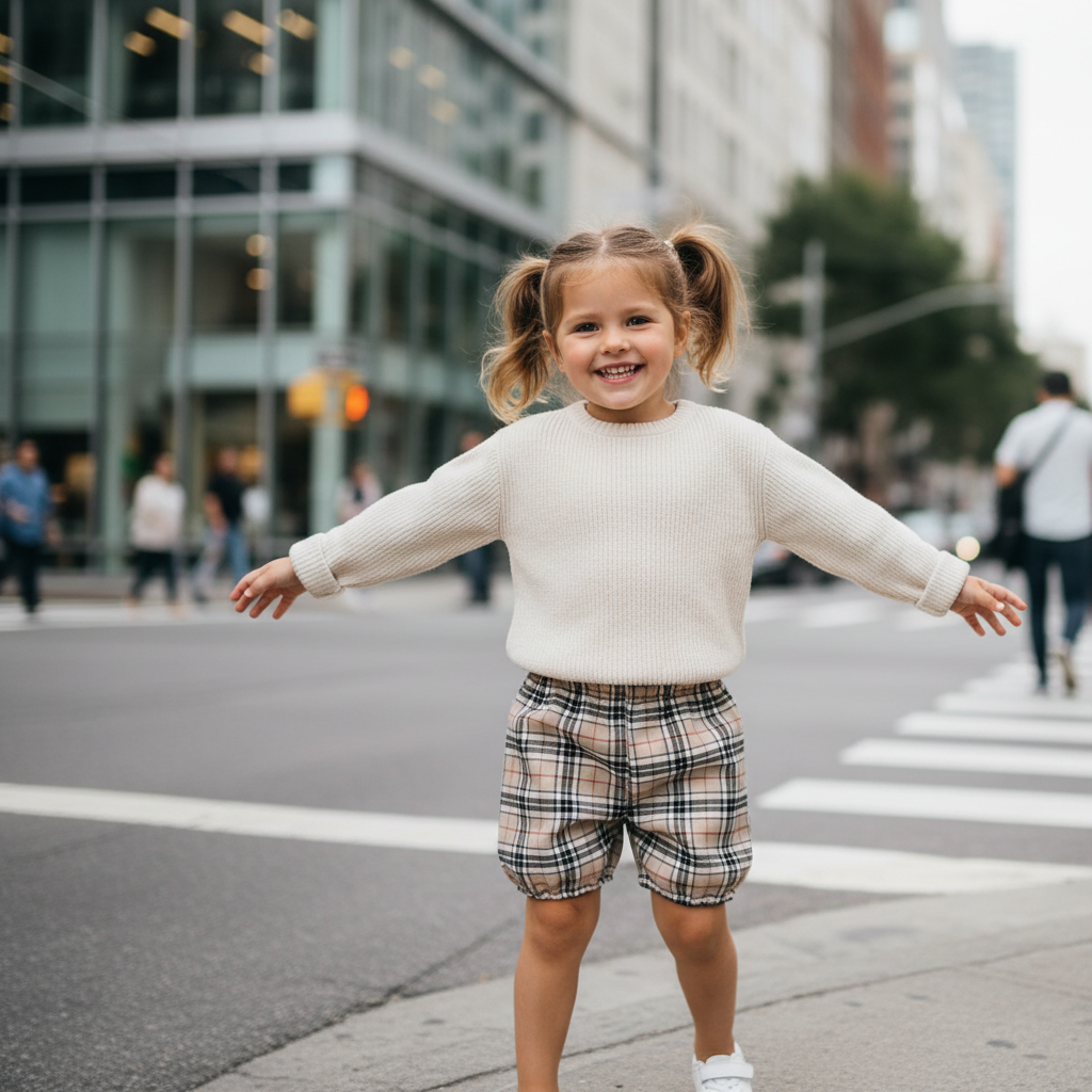 Girl in beige tartan bloomer - urban setting