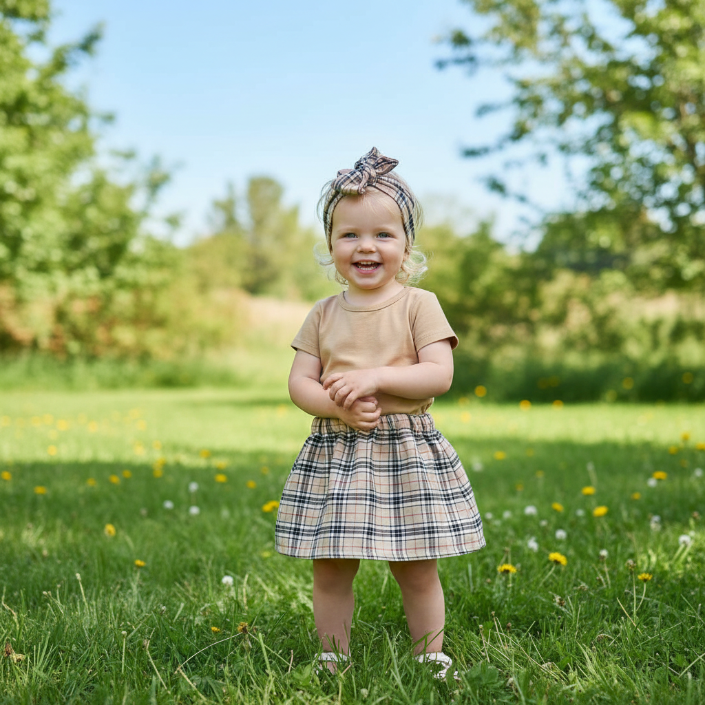 Girl in Beige Tartan Set Outdoors