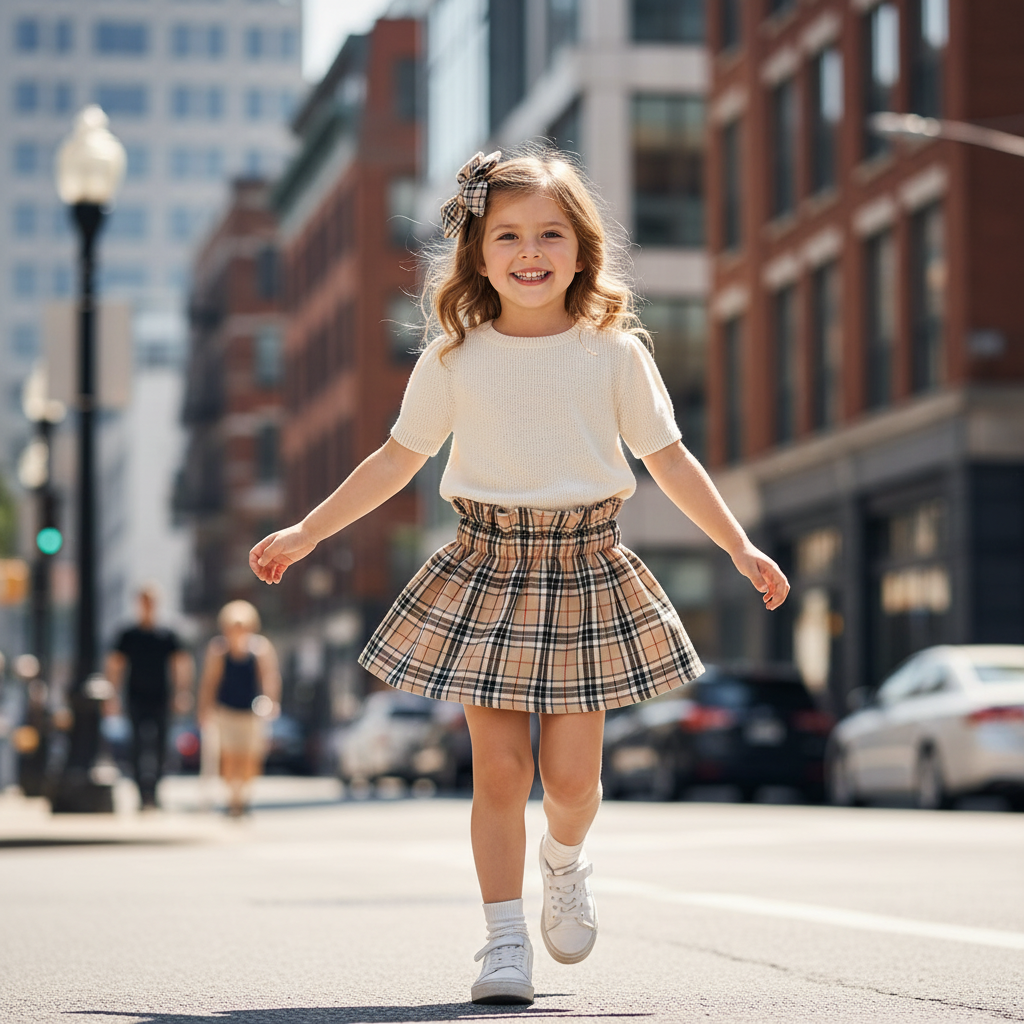 Girl in beige tartan set - urban setting