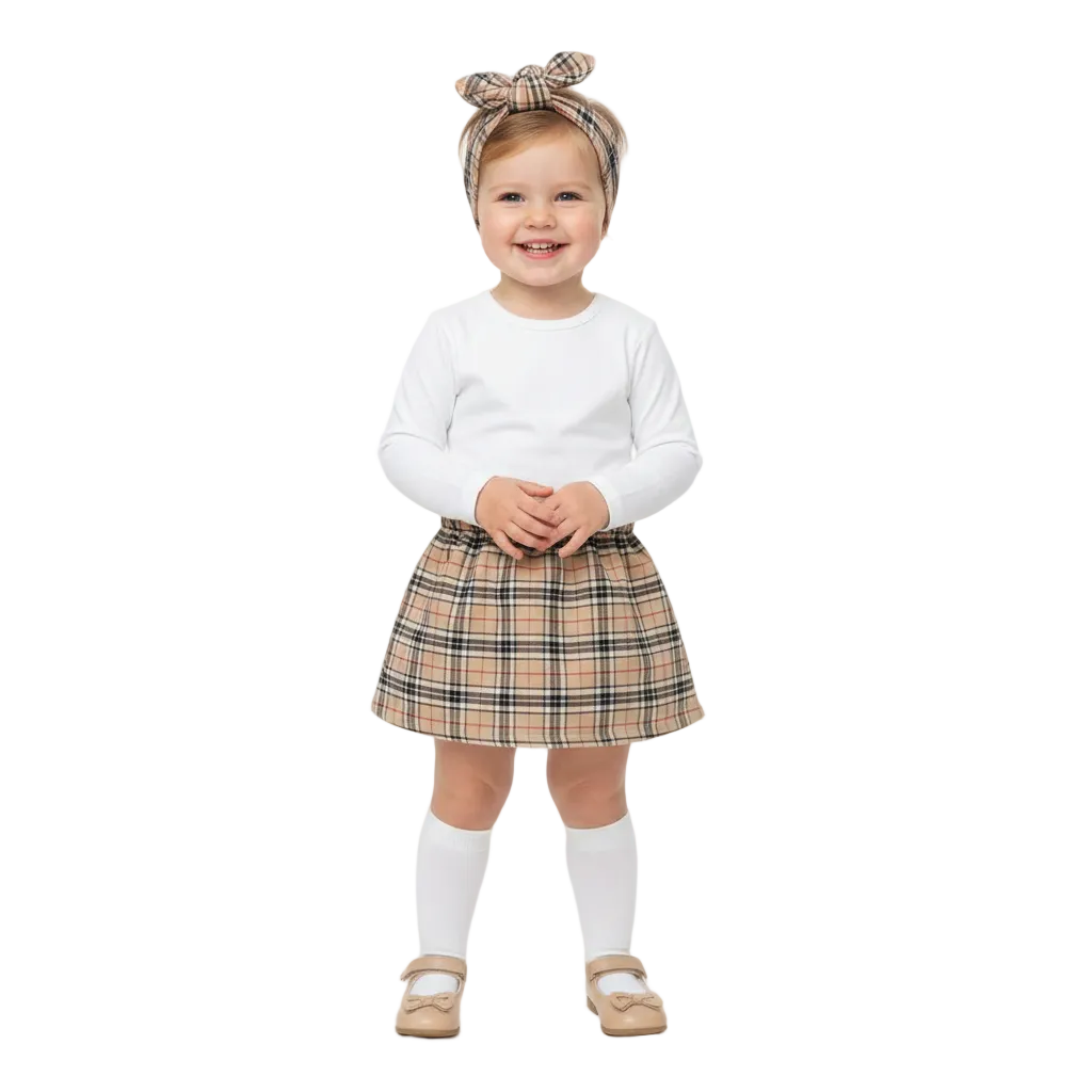 Girl in Beige Tartan Set White Background