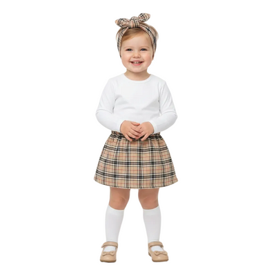 Baby Beige Tartan Print Skirt & Headwrap Set - Girl's Set