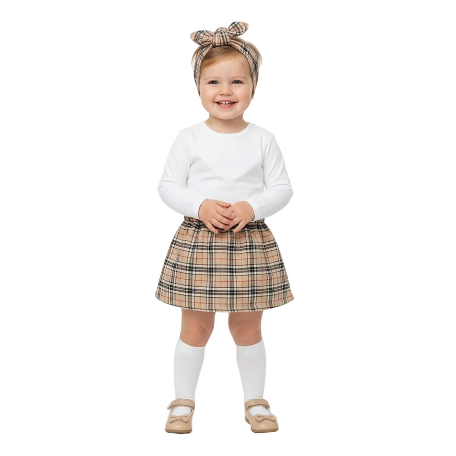 Baby Beige Tartan Print Skirt & Headwrap Set - Girl's Set