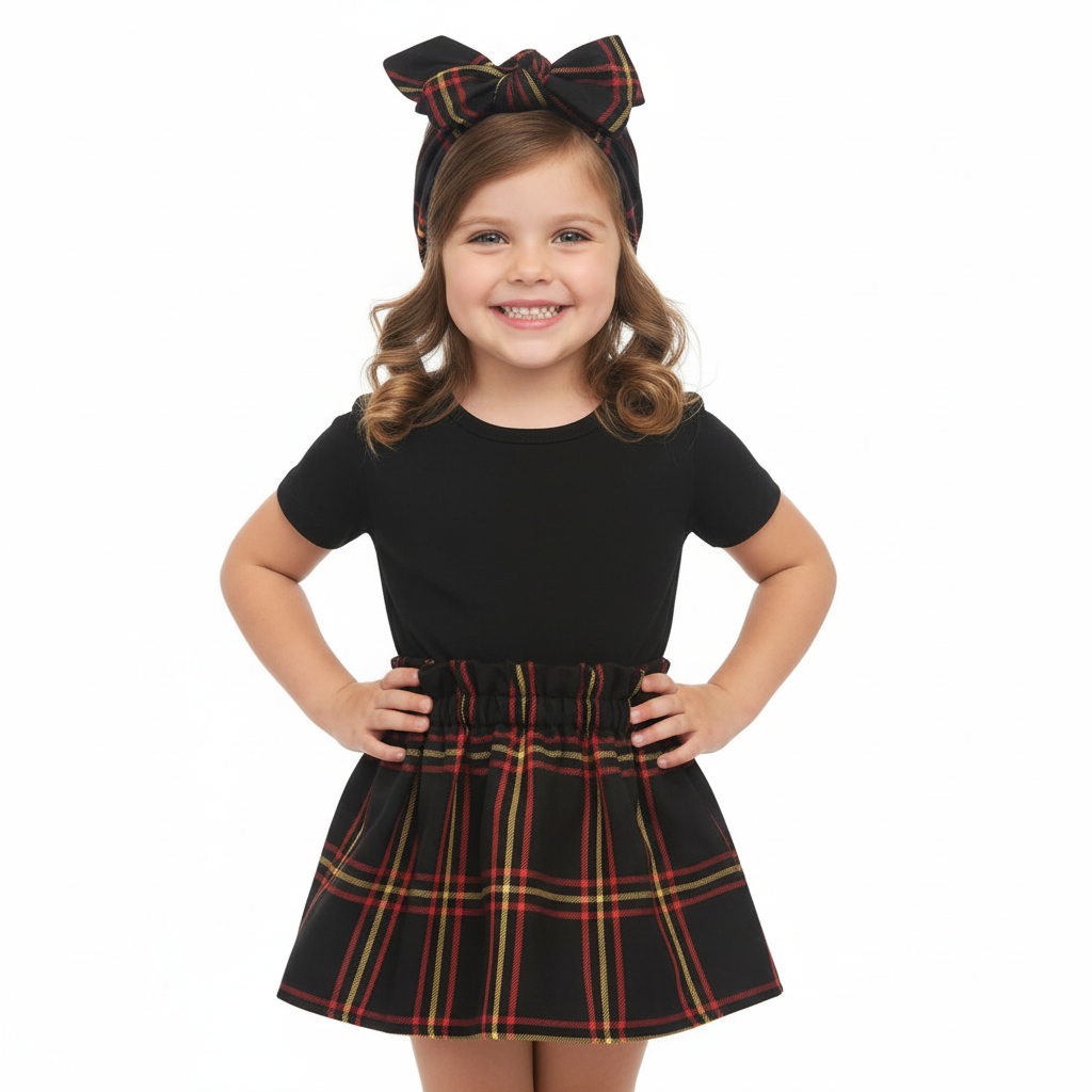 Girl in Black Brown Tartan Set White Background