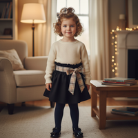 Black High Waisted Skirt Beige Tartan Sash Belt And Bow Baby Set image 3