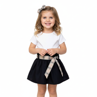 Black High Waisted Skirt Beige Tartan Sash Belt And Bow Baby Set image 2
