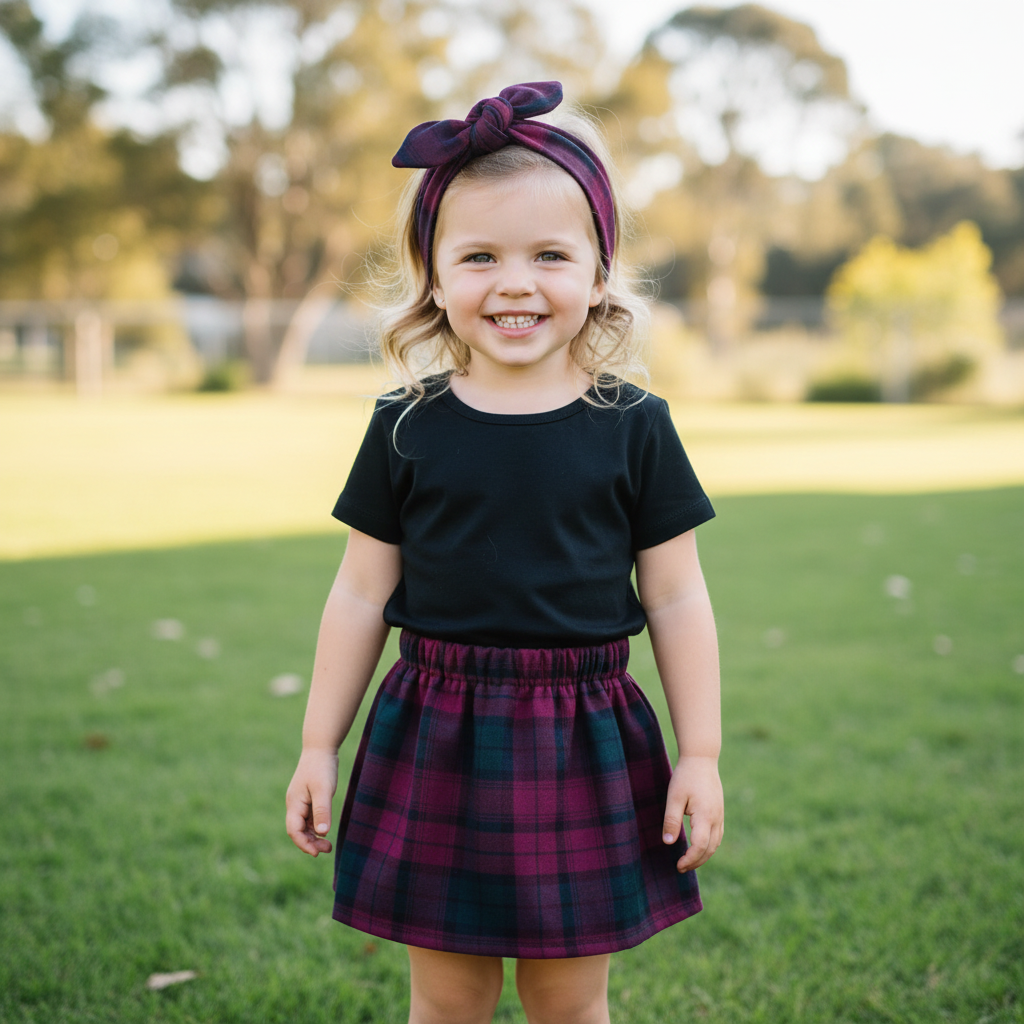 Girl in Burgundy Tartan Set Outdoors