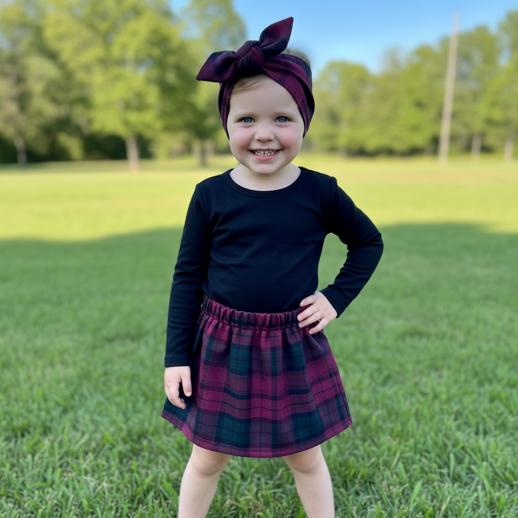 Girl in Burgundy Tartan Set Outdoors