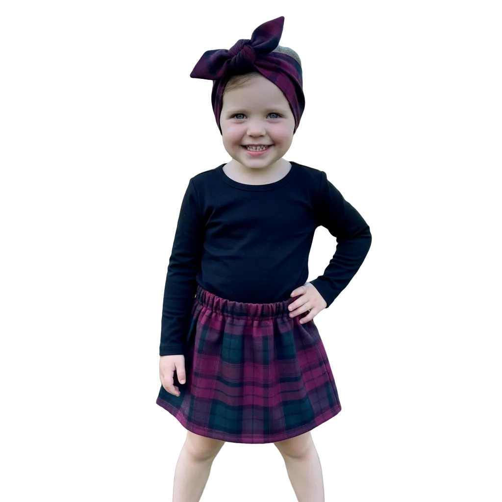 Deep  Burgundy / Wine Red & Black Tartan Print Baby Skirt & Headwrap Set
