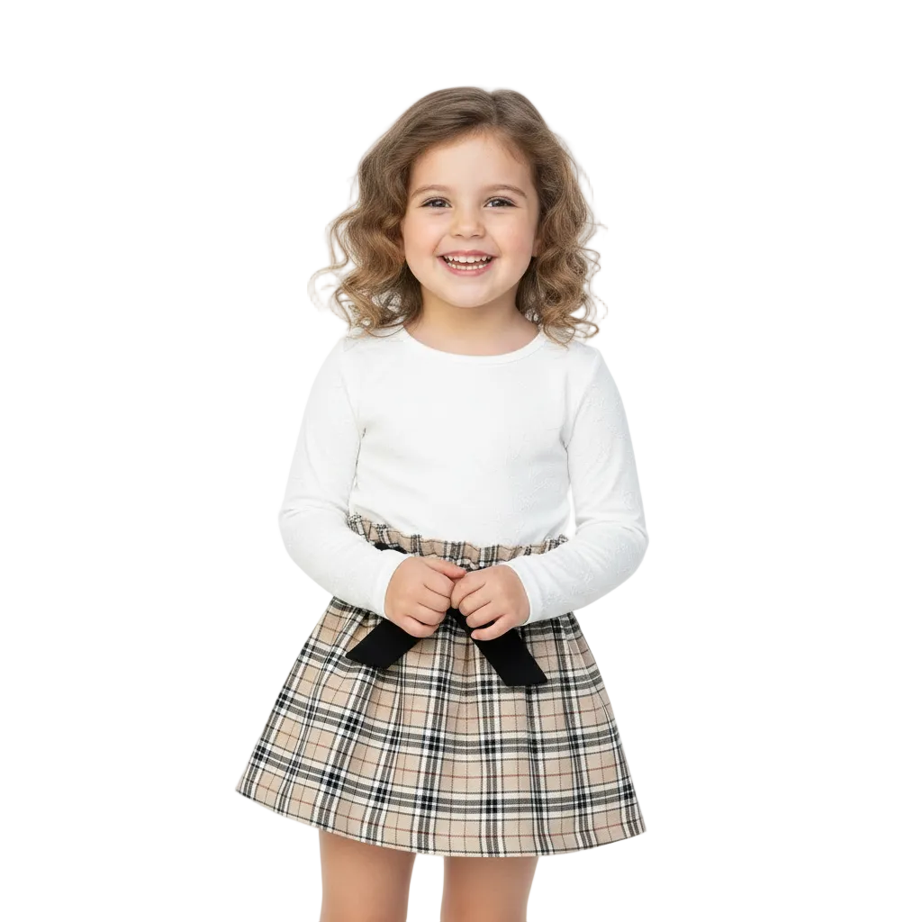 Girl in Fancy White Top with Beige Tartan Skirt