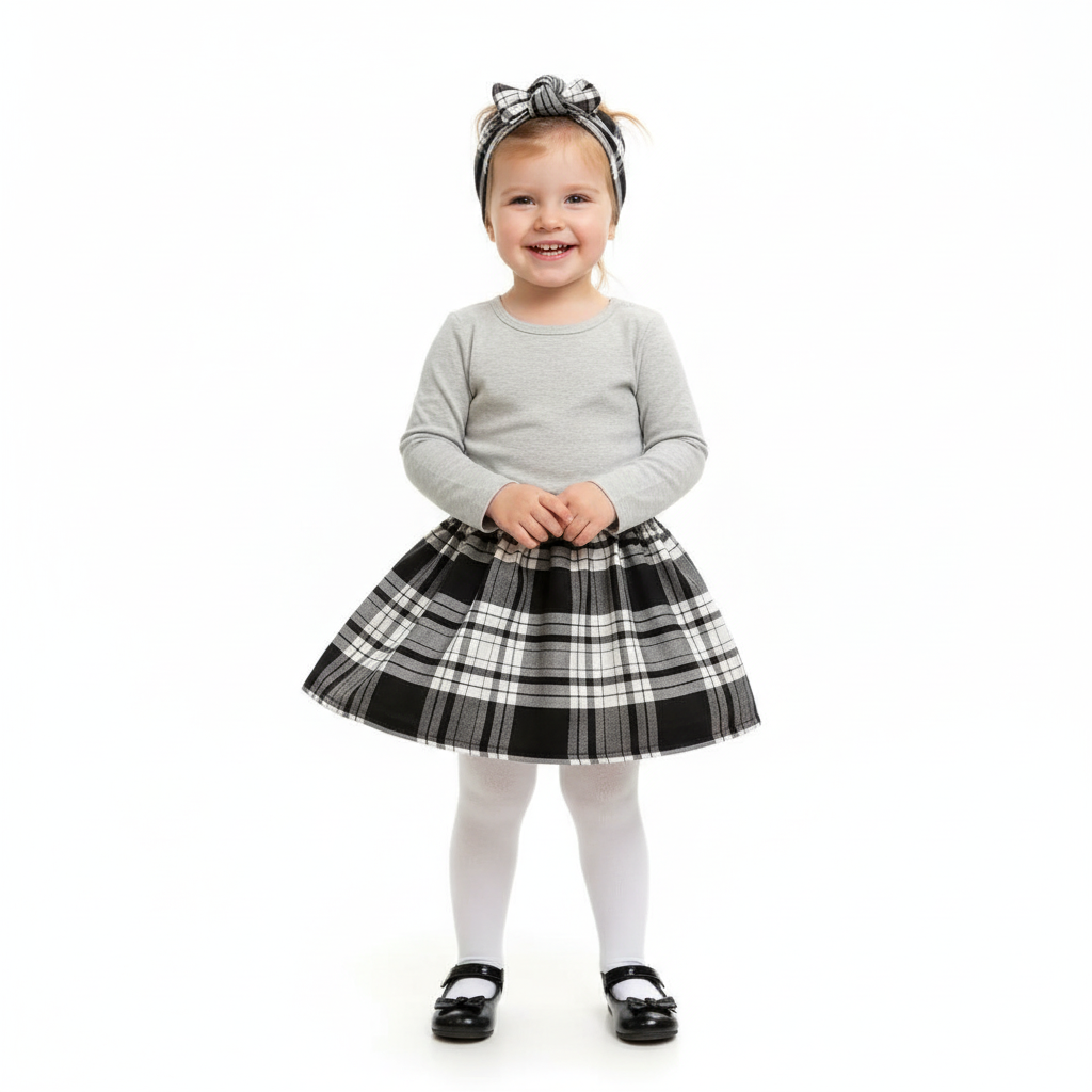 Girl in Grey Black Tartan Set White Background