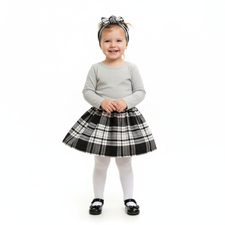 Grey Black Tartan Baby's Skirt and Headwrap Set