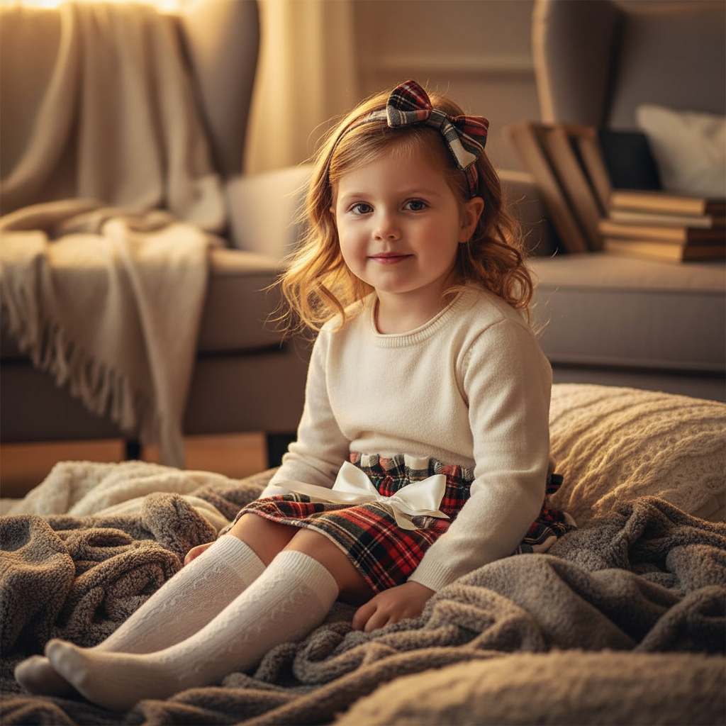 Girl in Red Black White Tartan Set Cosy Scene