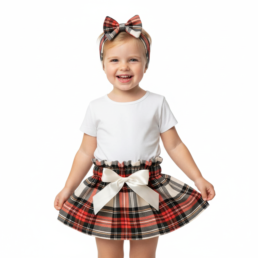 Girl in Red Black White Tartan Set White Background