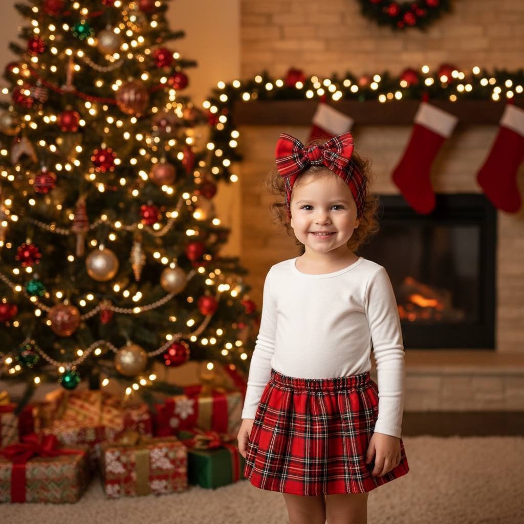 Girl in Red Tartan Set Christmas Scene