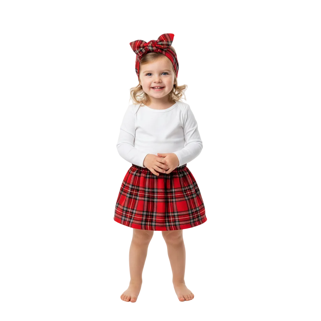 Girl in Red Tartan Set White Background