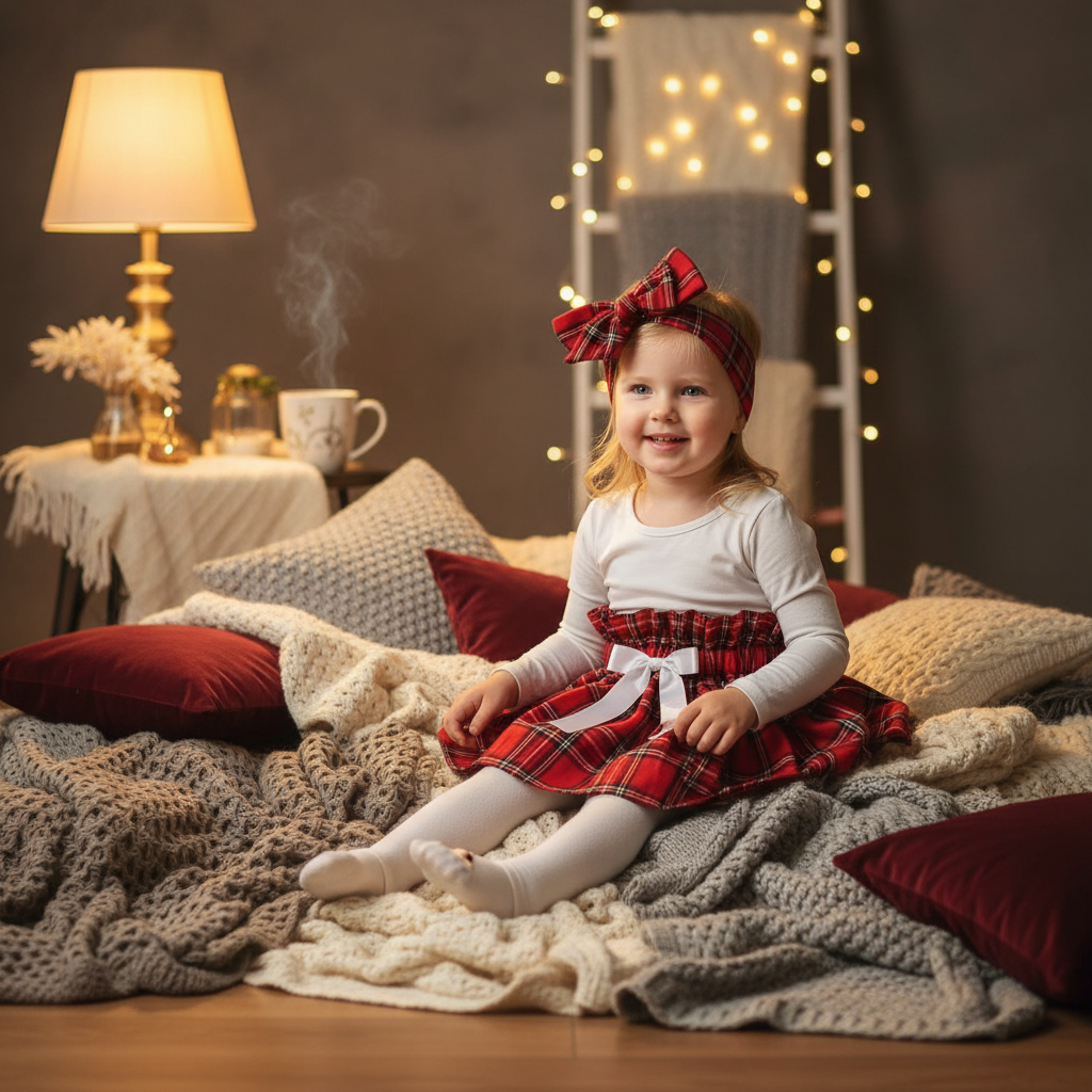 Girl in Red Tartan Set White Bow Cosy Scene