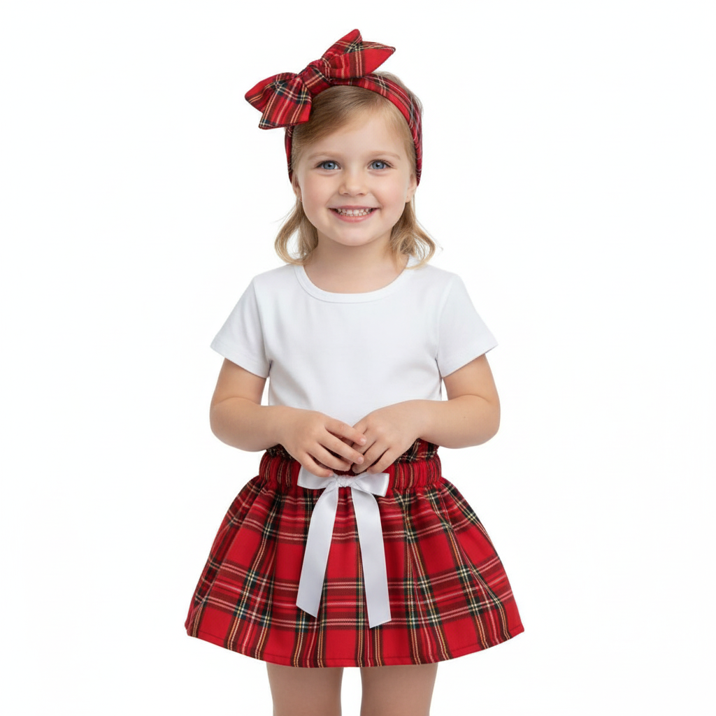 Girl in Red Tartan Set White Bow White Background