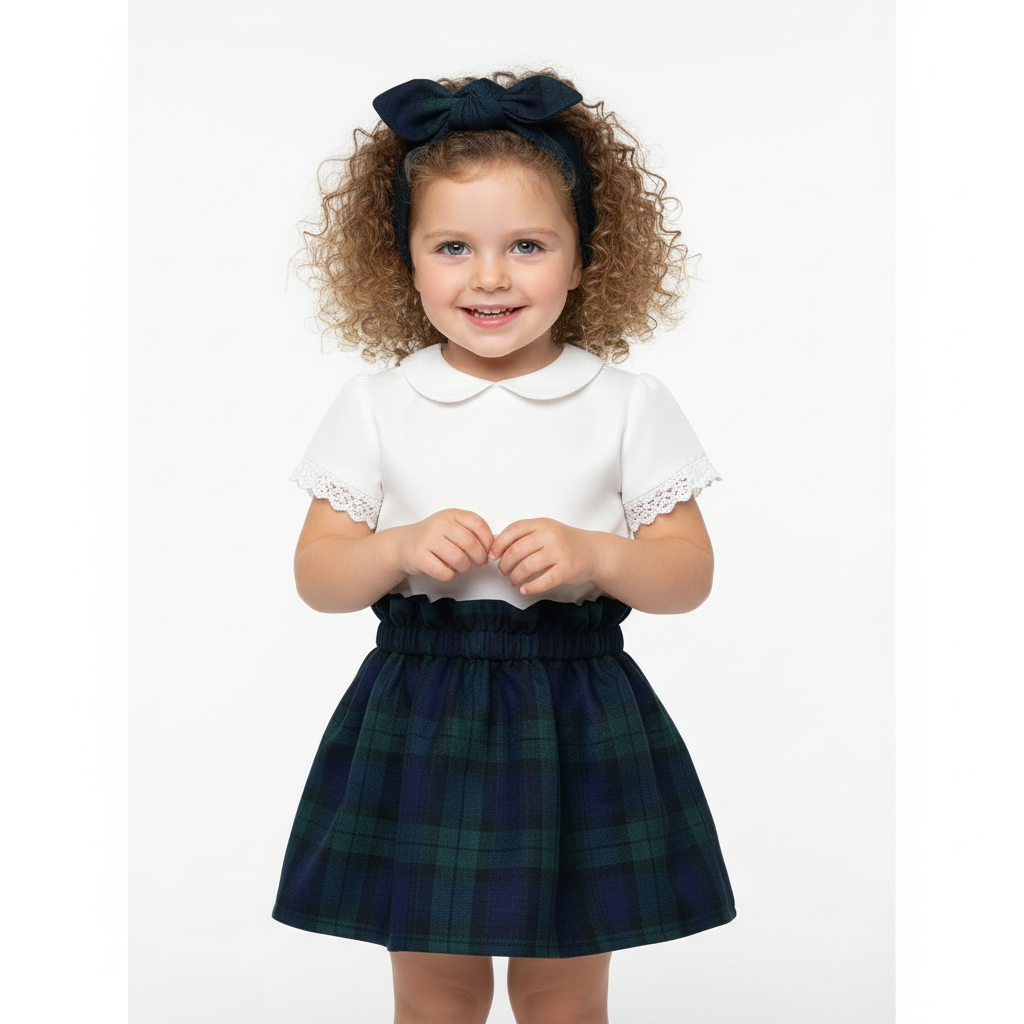 Girl in wedding party top with Black Watch tartan set