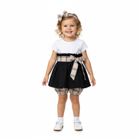 Girl's Black High Waisted Skirt Beige Tartan Sash Belt with Bloomer and Bow 3 Piece Set image 1
