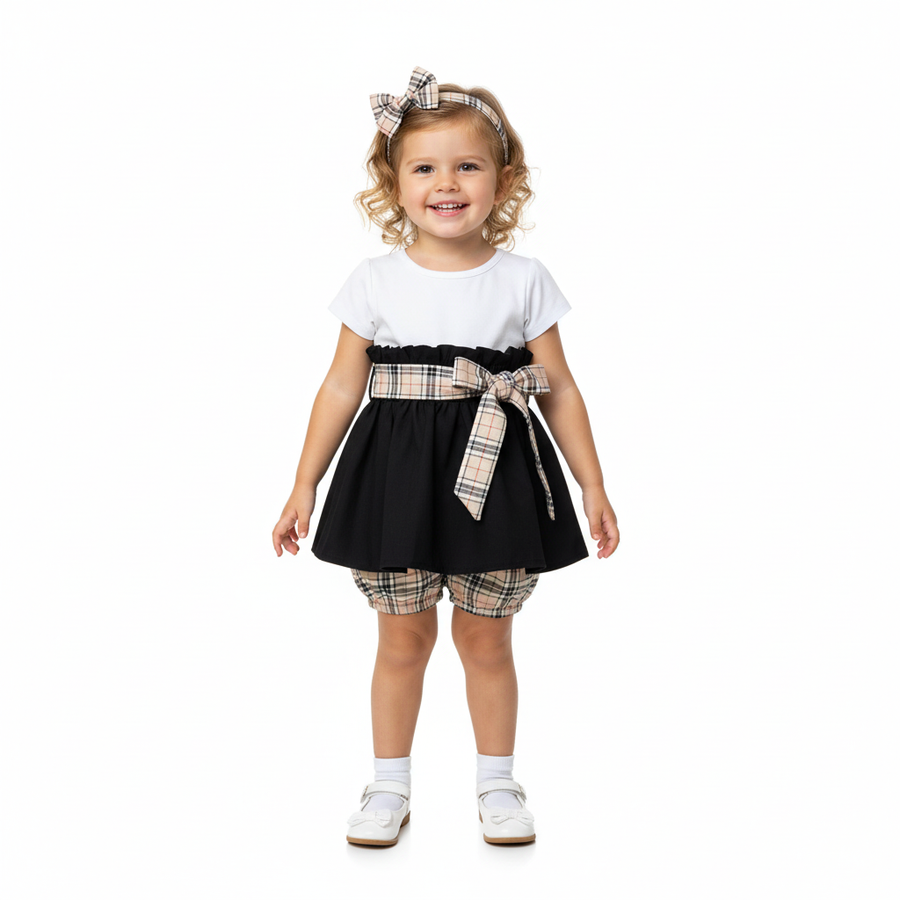 Girl's Black High Waisted Skirt Beige Tartan Sash Belt with Bloomer and Bow 3 Piece Set