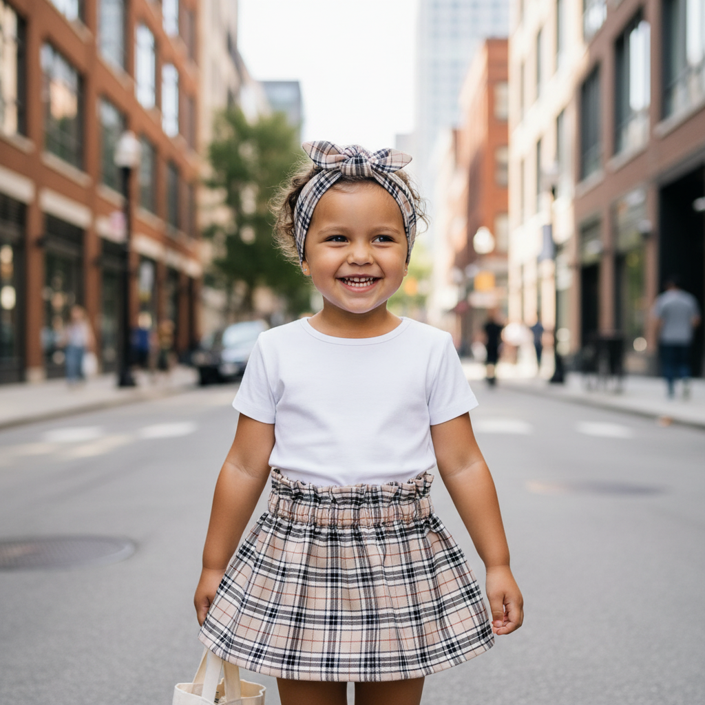 Girl in white top with beige tartan skirt - urban setting