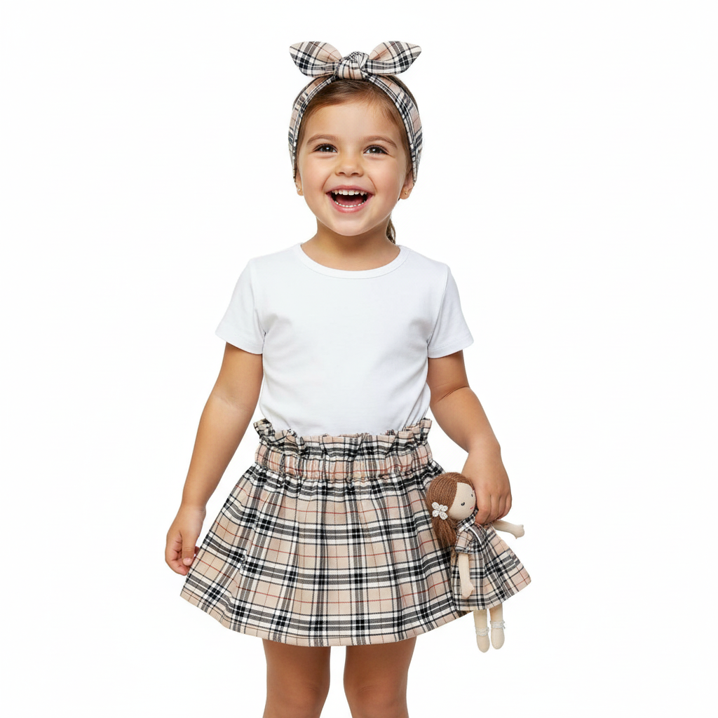 Girl in white top with beige tartan skirt - white background, different pose