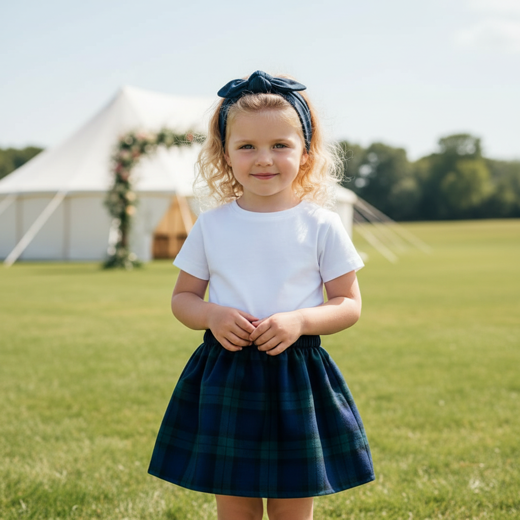 Girl with curly hair in Black Watch tartan at outdoor wedding