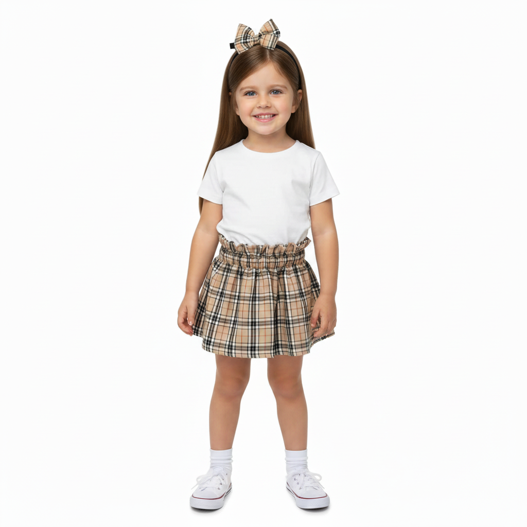 Girl with straight hair in beige tartan set - white background