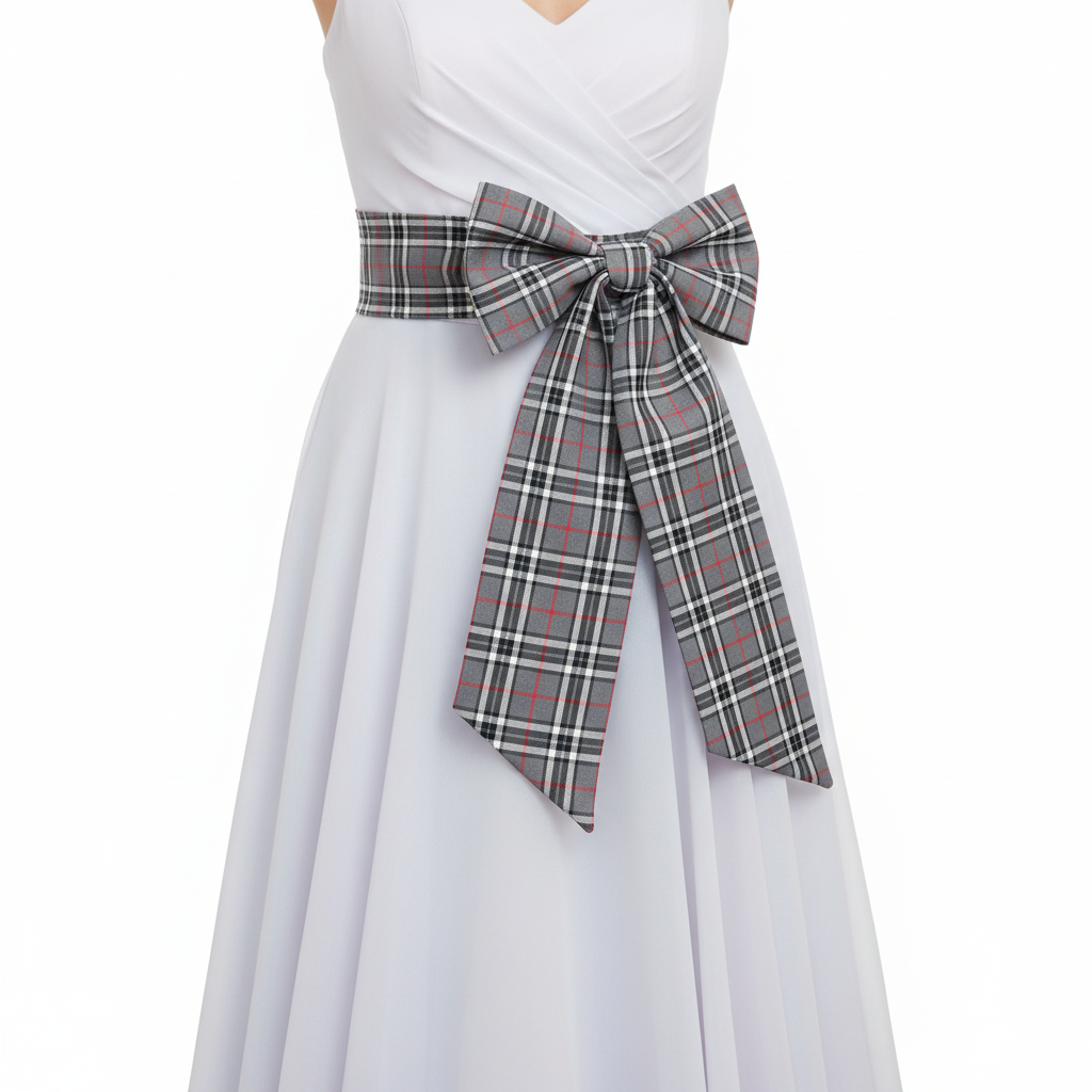 Grey tartan sash on woman with white background