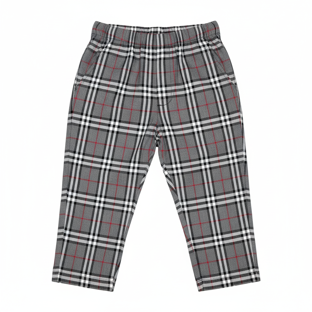 Grey tartan trousers - flat lay, white background