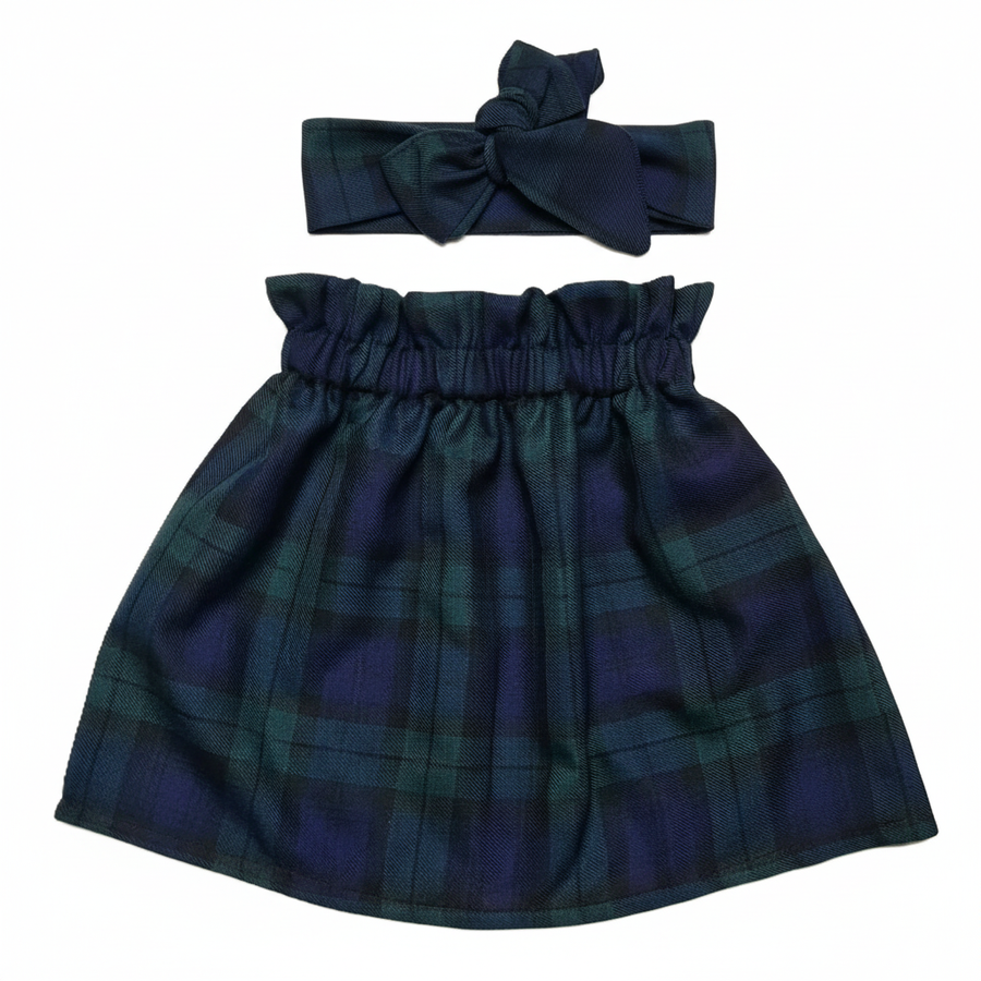 Black Watch Tartan Print High Waist Skirt and Headwrap