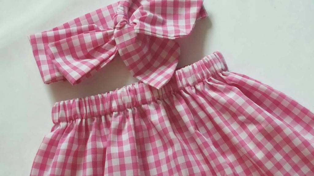 Gingham Baby's Skirt and Headwrap Cute Baby Set Pink checked Print Baby Girls Clothes NEW