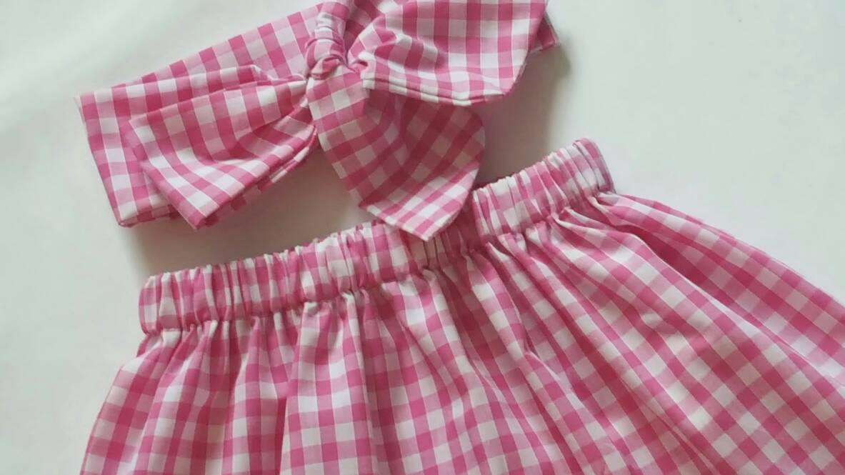 Gingham Baby's Skirt and Headwrap Cute Baby Set Pink checked Print Baby Girls Clothes NEW