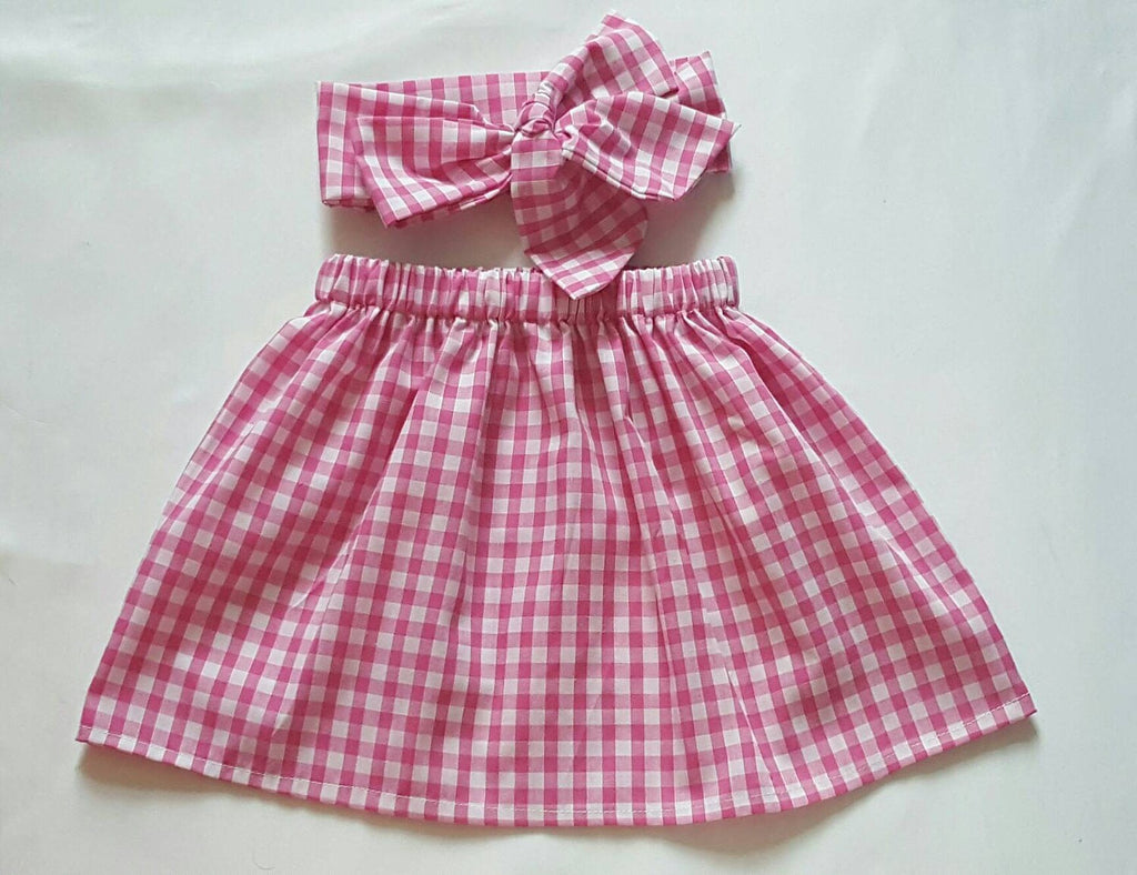 Gingham Baby's Skirt and Headwrap Cute Baby Set Pink checked Print Baby Girls Clothes NEW