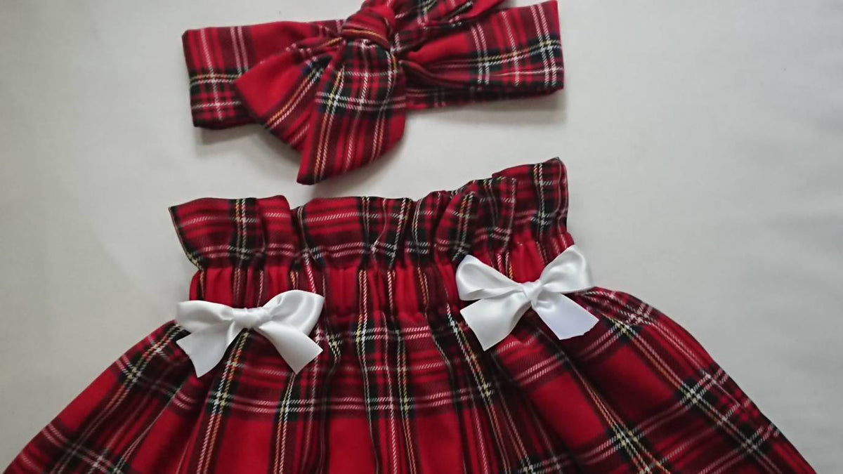 Red Tartan High Waisted Skirt and Headwrap Cute Baby Set Tartan Print Baby Girls Clothes NEW