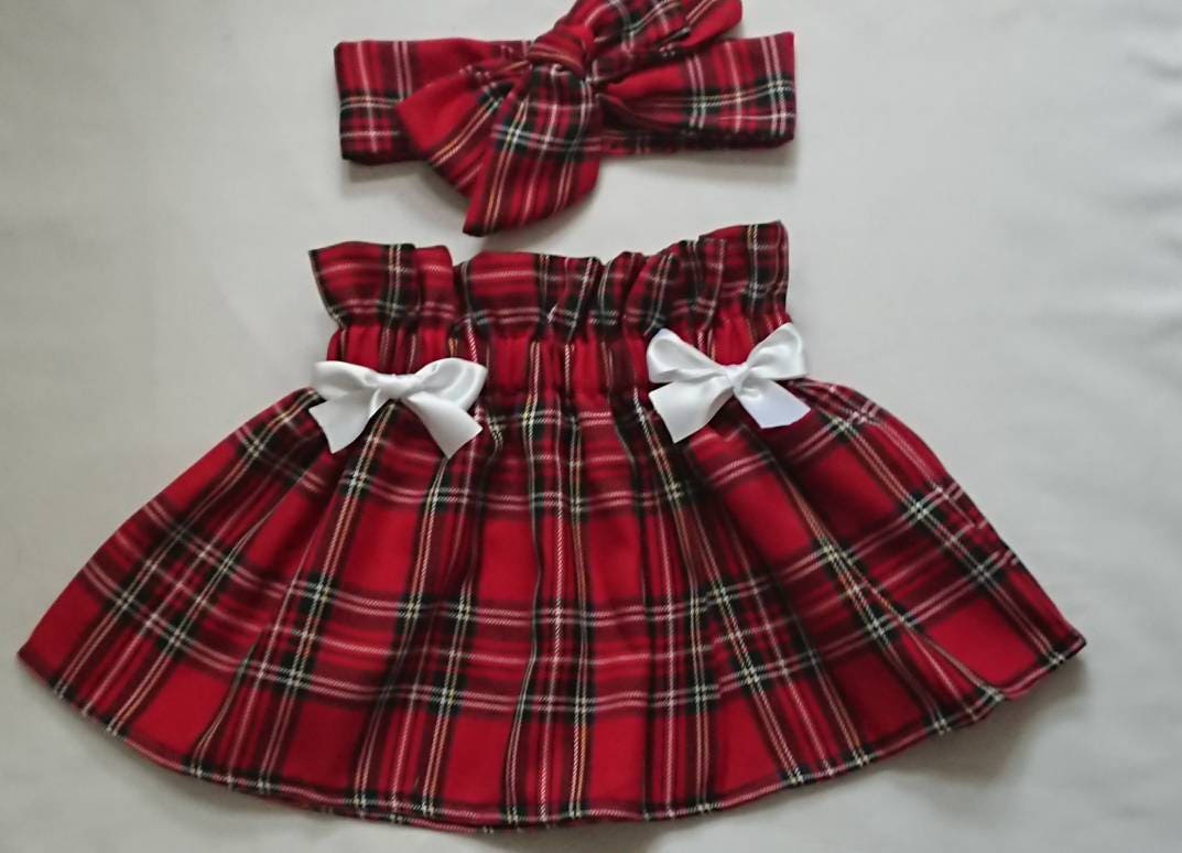 Red Tartan High Waisted Skirt and Headwrap Cute Baby Set Tartan Print Baby Girls Clothes NEW